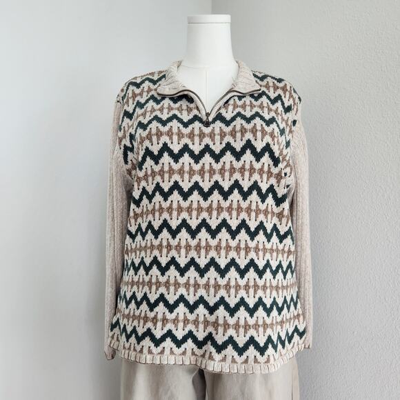 Vintage Sweaters - Vintage 90s Christopher & Banks Tan Green Southwestern Knit Quarter Zip Sweater